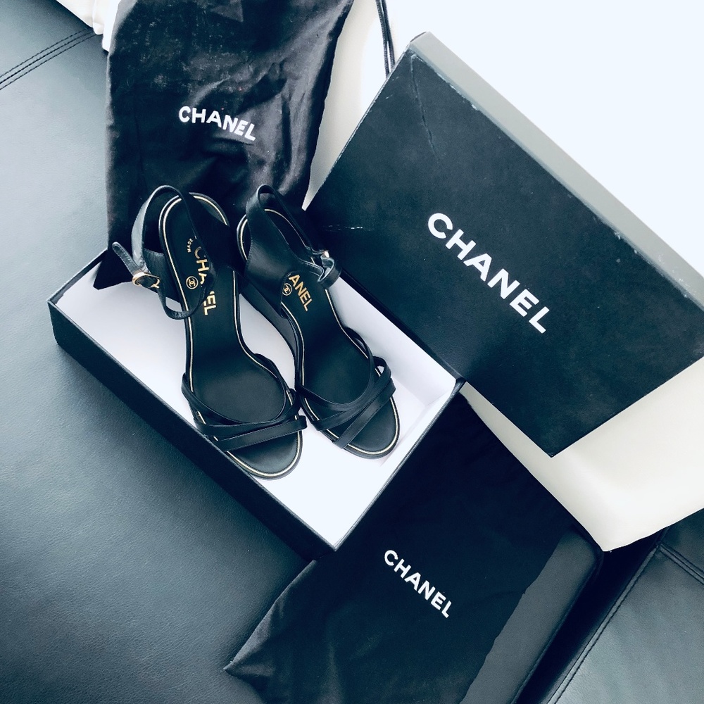 100% ORIGINAL CHANEL Calfskin Pearl Wedge Sandals